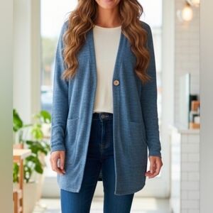 Pure Jill Womens Heathered Blue Cotton Boyfriend Relaxed Long Cardigan Small